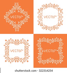 Floral outline frames and borders. Vector mono line graphic design templates