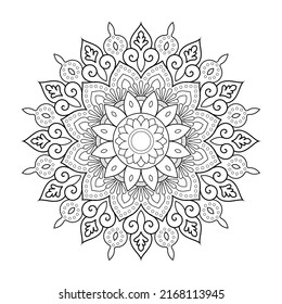 Floral outline mandala with Arabic ethnic style Indian black and white line art pattern