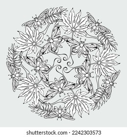 Floral outline mandala with butterflies and plants. Coloring page. Vector.