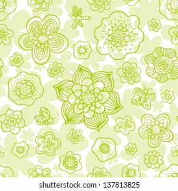 Floral outline seamless pattern with butterfly, dragonfly and ladybug. Light green background.