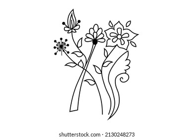 floral outline vector, natural leaf and branch, line art design, flower and leaves line drawing