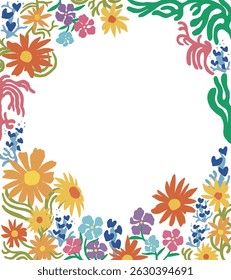 Floral Oval Frame of Colorful Hand-drawn Flowers