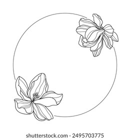 Marco oval floral. Elementos decorativos y diseño. Marco decorativo con magnolias. Decoración floral. Ilustración vectorial de un marco ovalado