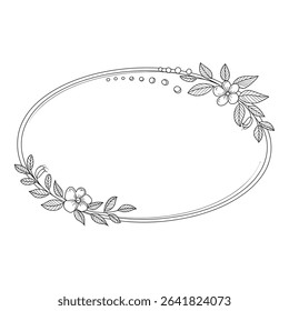 Floral oval frame with flowers and leaves isolated on white background