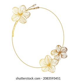 Floral oval Golden Frame. Delicate Invitation design with Frangipani.  Vintage Template. Vector illustration.
