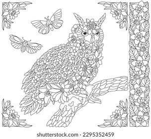 Floral owl. Adult coloring book page with fantasy animal and flower elements