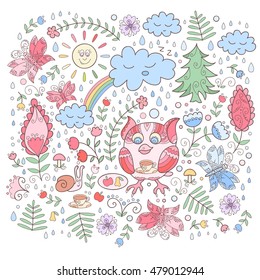 Floral owl vector cartoon pattern. Cute vector background with owls and flowers.