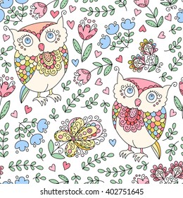 Floral owl vector seamless pattern. cute vector print with owls and flowers.