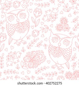 Floral owl vector seamless pattern. cute vector print with owls and flowers.