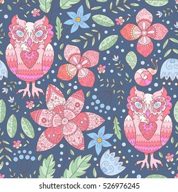 Floral owl vector seamless pattern. cute vector print with owls and flowers, leaves.