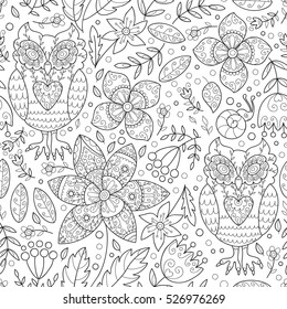 Floral owl vector seamless pattern. cute vector print with owls and flowers, leaves. Black and white lined pattern.