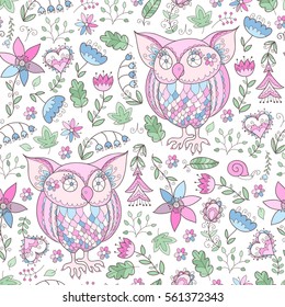 Floral owl vector seamless pattern. cute vector print with owls and flowers, leaves.