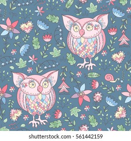 Floral owl vector seamless pattern. cute vector print with owls and flowers, leaves