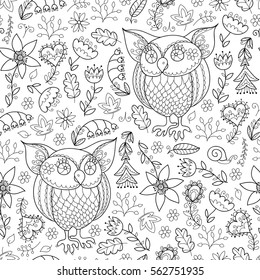 Floral owl vector seamless pattern. cute vector print with owls and flowers, leaves.