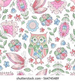 Floral owl vector seamless pattern. Cute vector print with owls and flowers, leaves.