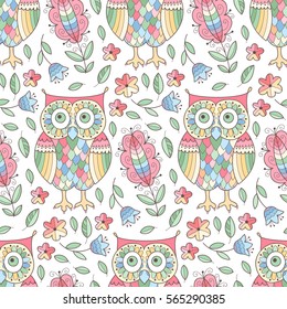 Floral owl vector seamless pattern. cute vector print with owls and flowers.