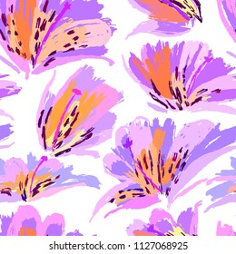 Floral painting seamless pattern. Free hand colorful background with botanical motif. Hand drawn artistic background.