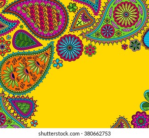 Floral paisley background with indian ormament and place for your text. Romantic design in bright colors. Greeting card. Vector illustration.