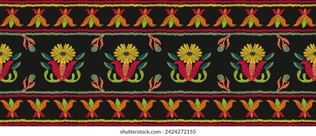 Floral paisley embroidery on black background.Ikat ethnic oriental pattern traditional. Ethnic pattern style. Design for ikat, blanket, fabric, clothing, carpet, textile, ethnic, batik, embroidery.