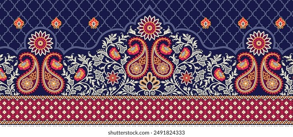 Floral Paisley Embroidery on White Background, Ikat Ethnic Oriental Seamless Pattern