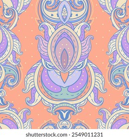 Floral paisley indian vector colorful ornate seamless pattern. Hand drawn design in ethnic Indian style. Mystic abstract background, hippie and boho texture. tribal fusion trippy wallpaper.