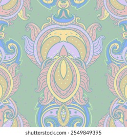 Floral paisley indian vector colorful ornate seamless pattern. Hand drawn design in ethnic Indian style. Mystic abstract background, hippie and boho texture. tribal fusion trippy wallpaper.