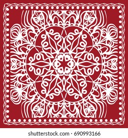 Floral paisley medallion ornamental rug. Ethnic mandala frame. Vintage flower tile. Fabric, greeting card, coloring book, phone case print. Vector illustration. Red color