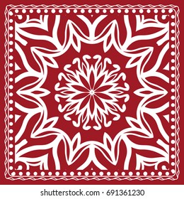 Floral paisley medallion ornamental rug. Ethnic mandala frame. Vintage flower tile. Fabric, greeting card, coloring book, phone case print. Vector illustration. Red color