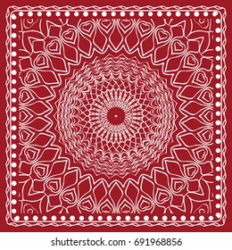 Floral paisley medallion ornamental rug. Ethnic mandala frame. Vintage flower tile. Fabric, greeting card, coloring book, phone case print. Vector illustration. Red color