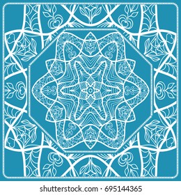 Floral Paisley Medallion Ornamental Rug. Ethnic Mandala Frame. Fabric, greeting card, coloring book, phone case print. Vector illustration. Blue color