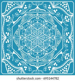 Floral Paisley Medallion Ornamental Rug. Ethnic Mandala Frame. Fabric, greeting card, coloring book, phone case print. Vector illustration. Blue color
