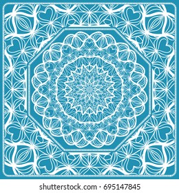 Floral Paisley Medallion Ornamental Rug. Ethnic Mandala Frame. Fabric, greeting card, coloring book, phone case print. Vector illustration. Blue color