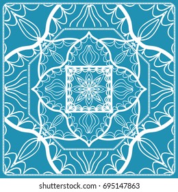 Floral Paisley Medallion Ornamental Rug. Ethnic Mandala Frame. Fabric, greeting card, coloring book, phone case print. Vector illustration. Blue color