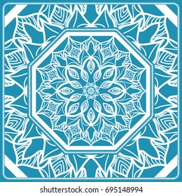 Floral Paisley Medallion Ornamental Rug. Ethnic Mandala Frame. Fabric, greeting card, coloring book, phone case print. Vector illustration. Blue color