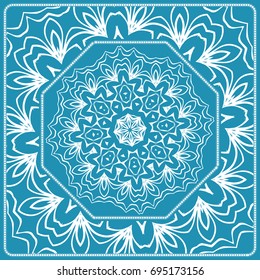 Floral Paisley Medallion Ornamental Rug. Ethnic Mandala Frame. Fabric, greeting card, coloring book, phone case print. Vector illustration. Blue color