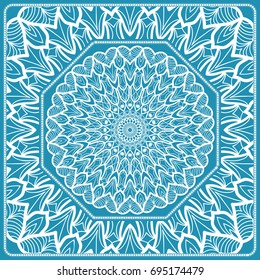 Floral Paisley Medallion Ornamental Rug. Ethnic Mandala Frame. Fabric, greeting card, coloring book, phone case print. Vector illustration. Blue color