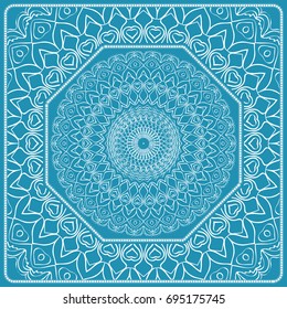 Floral Paisley Medallion Ornamental Rug. Ethnic Mandala Frame. Fabric, greeting card, coloring book, phone case print. Vector illustration. Blue color