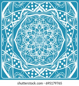 Floral Paisley Medallion Ornamental Rug. Ethnic Mandala Frame. Fabric, greeting card, coloring book, phone case print. Vector illustration. Blue color