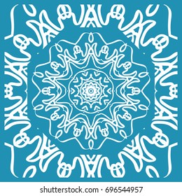 Floral Paisley Medallion Ornamental Rug. Ethnic Mandala Frame. Fabric, greeting card, coloring book, phone case print. Vector illustration. Blue color