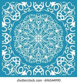 Floral Paisley Medallion Ornamental Rug. Ethnic Mandala Frame. Fabric, greeting card, coloring book, phone case print. Vector illustration. Blue color
