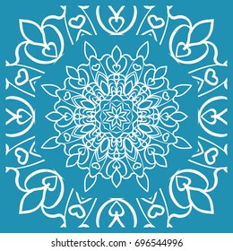 Floral Paisley Medallion Ornamental Rug. Ethnic Mandala Frame. Fabric, greeting card, coloring book, phone case print. Vector illustration. Blue color