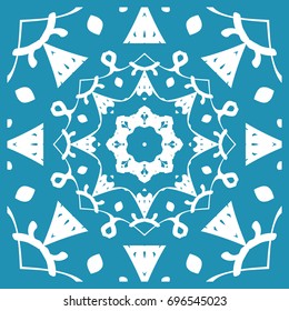 Floral Paisley Medallion Ornamental Rug. Ethnic Mandala Frame. Fabric, greeting card, coloring book, phone case print. Vector illustration. Blue color