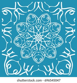 Floral Paisley Medallion Ornamental Rug. Ethnic Mandala Frame. Fabric, greeting card, coloring book, phone case print. Vector illustration. Blue color