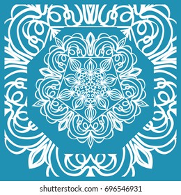 Floral Paisley Medallion Ornamental Rug. Ethnic Mandala Frame. Fabric, greeting card, coloring book, phone case print. Vector illustration. Blue color