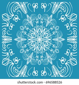 Floral Paisley Medallion Ornamental Rug. Ethnic Mandala Frame. Fabric, greeting card, coloring book, phone case print. Vector illustration. Blue color