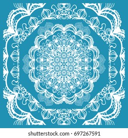 Floral Paisley Medallion Ornamental Rug. Ethnic Mandala Frame. Fabric, greeting card, coloring book, phone case print. Vector illustration. Blue color