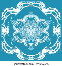 Floral Paisley Medallion Ornamental Rug. Ethnic Mandala Frame. Fabric, greeting card, coloring book, phone case print. Vector illustration. Blue color