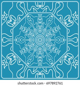 Floral Paisley Medallion Ornamental Rug. Ethnic Mandala Frame. Fabric, greeting card, coloring book, phone case print. Vector illustration. Blue color