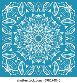Floral Paisley Medallion Ornamental Rug. Ethnic Mandala Frame. Fabric, greeting card, coloring book, phone case print. Vector illustration. Blue color