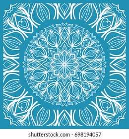 Floral Paisley Medallion Ornamental Rug. Ethnic Mandala Frame. Fabric, greeting card, coloring book, phone case print. Vector illustration. Blue color